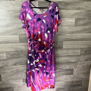 Clinton Kelly Dress Women L Purple A Line Abstract Stretch Casual Tie Belt Artsy